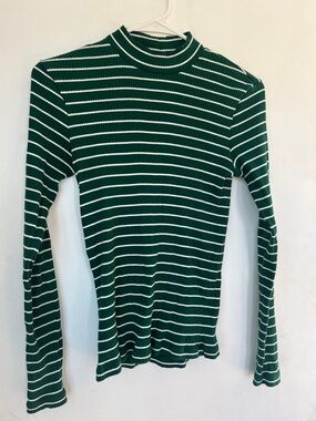 Green and White Striped Ribbed Mock Neck Top
